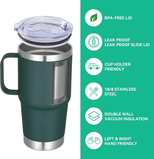 VEGOND 20 oz Tumbler Bulk with Handle Lid and Straw, Stainless Steel Insulated Travel Coffee Mug Set, Spill Proof Double Wall Metal Tumblers Cups, Dark Green 6 Pack