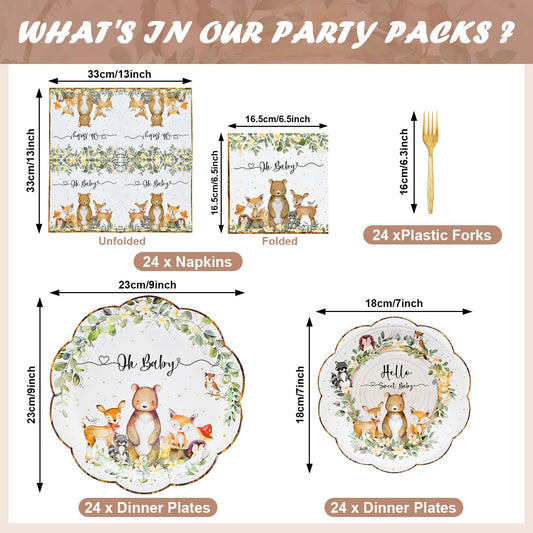 96 Pieces Woodland Baby Shower Tableware Set – Scalloped Forest Animal Disposable Dinnerware with Paper Plates, Napkins, and Forks for Gender Neutral Baby Showers and Birthday Parties – Serves 24