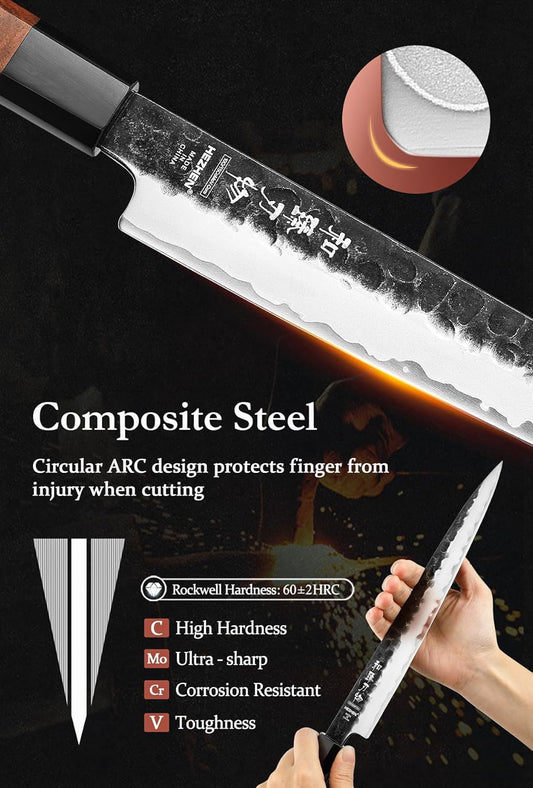 HEZHEN Carving Knife, 10 Inches, Meat Cutting and BBQ Knife, 3 Layers High Carbon Clad Steel Brisket Slicing,Breaking Butcher, Redwood Octagonal Handle