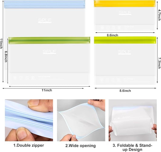 SPLF 8 Pack Stand-Up Reusable Half Gallon Freezer Bags Dishwasher Safe, Extra Thick Leakproof 1/2 Gallon Food Storage Bags, BPA Free Silicone for Meal Prep, Marinate, Veggies, Fridge Organization