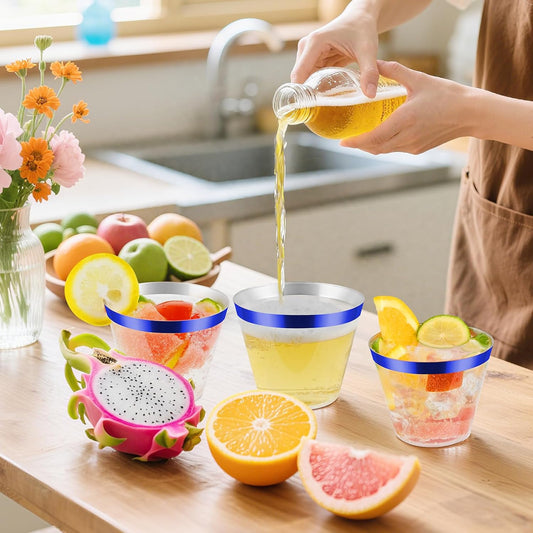 100pcs Blue and Clear Plastic Cups, 9oz Plastic Cups Blue Rimmed Disposable Cocktail Glasses Fancy Disposable Cup Drinking Tumblers Shot Cup for Wedding Party