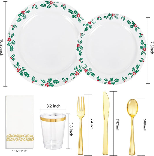 FLOWERCAT 175 PCS Christmas Plates set & Holly Berry Plates - Christmas plates disposable Include 50 Christmas Plastic Plates,25 forks, 25 knives, 25 spoons, 25 napkins Ideal for Xmas Party