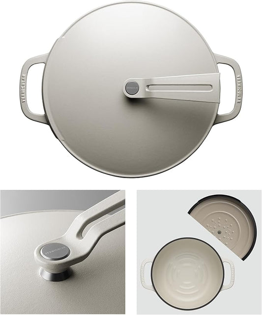 Vermicular Oven Pot 2.0 | Lightweight Enameled Cast Iron Pot | 26cm (5.9 Qt) | Non-Toxic | Induction-compatible | Dutch Oven | Made in Japan | Matte Linen Beige