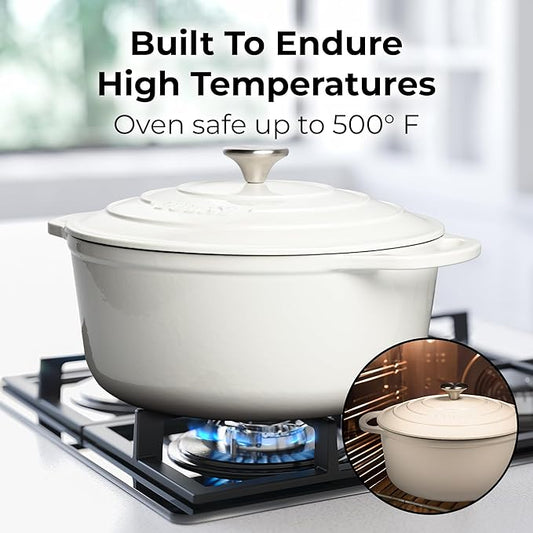 Zulay Kitchen 7.7 Quart Enameled Cast Iron Dutch Oven Pot with Lid – Premium Durability & Oven Safe up to 500°F – Heavy Duty Cookware Perfect for Bread Baking, Stews, Braising & Roasting – White
