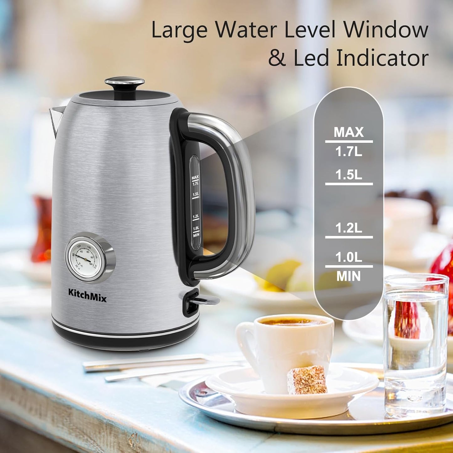 Electric Tea Kettles1500W, 1.7L Stainless Steel Tea Kettle with Thermometer, Auto Shut-Off & Boil-Dry, Cool Touch Handle, BPA Free (Stainless steel)