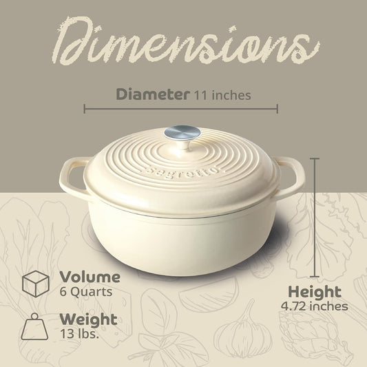 Segretto Cookware Enameled Cast Iron Dutch Oven, 6 Quarts, White