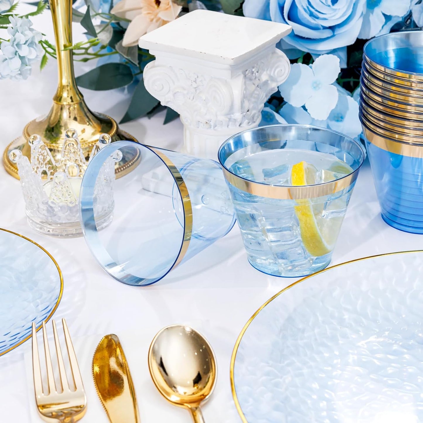 DaYammi 175PCS Clear Blue Gold Plastic Dinnerware Set for 25 Guests, Hammered Disposable Plates for Party, Include: 25 Dinner Plates, 25 Dessert Plates, 75 Gold Silverware, 25 Napkins, 25 Cups
