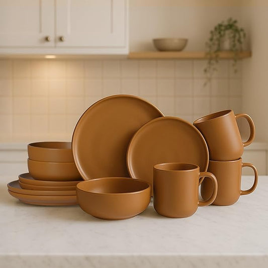 12-Piece Matte Orange Dinnerware Set,Stoneware Dinnerware for 3, Microwave & Dishwasher Safe, Stackable Design for Kitchen and Dining - Plates,Bowls and Mugs