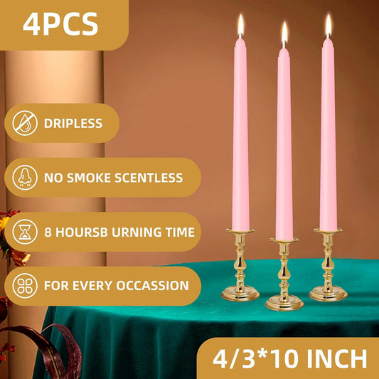 4 Pack Pink Taper Candles - Taper Candles 10 Inch Dripless, Smokeless & Unscented - 8 Hours Long Burning - Ideal for Weddings, Dinner Parties, and Home Decor