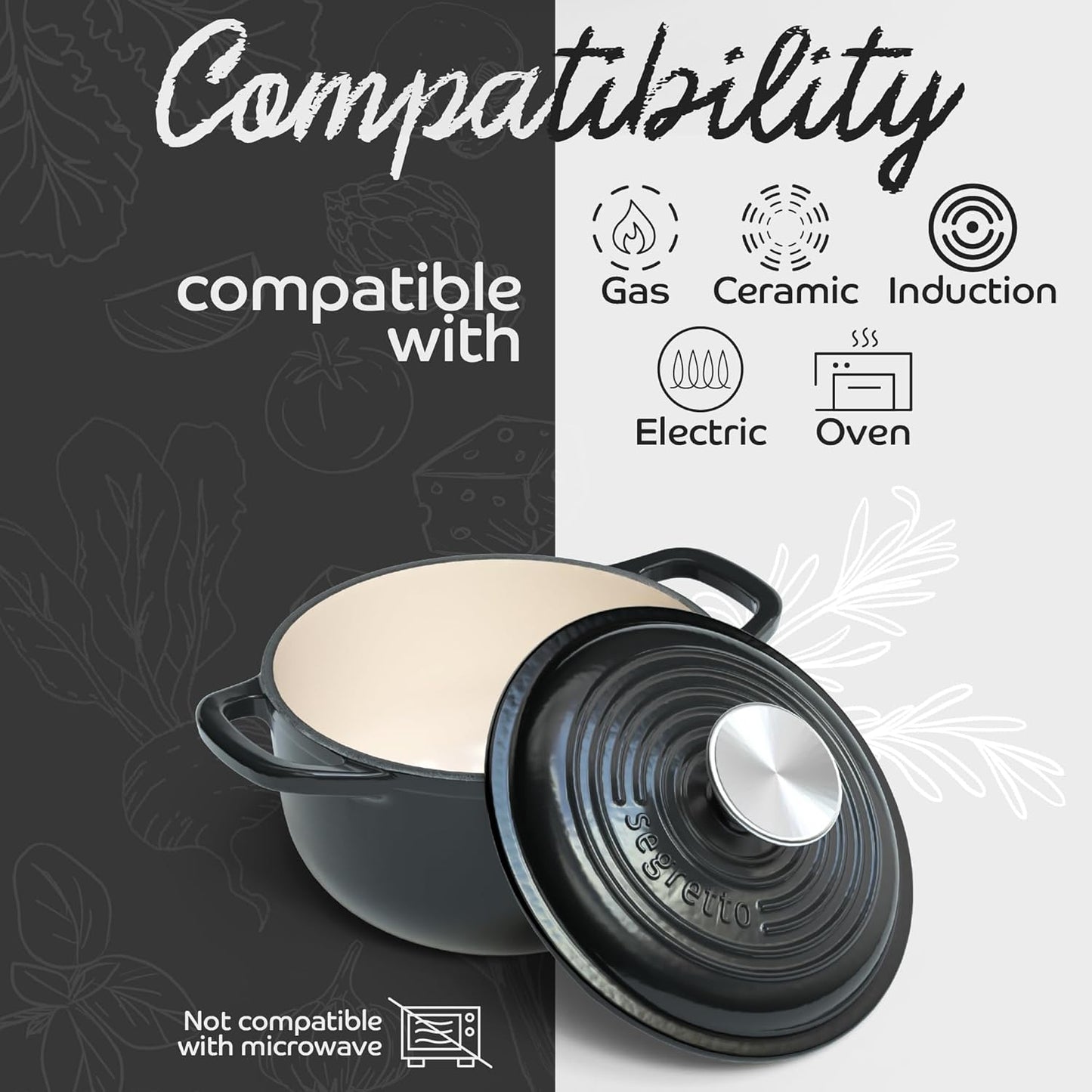 Segretto Cookware Enameled Dutch Oven Pot with Lid Cast Iron Nero (Black) 1.7 Quarts Enamel Small Cast Iron Dutch Oven for Bread Baking, Cooking