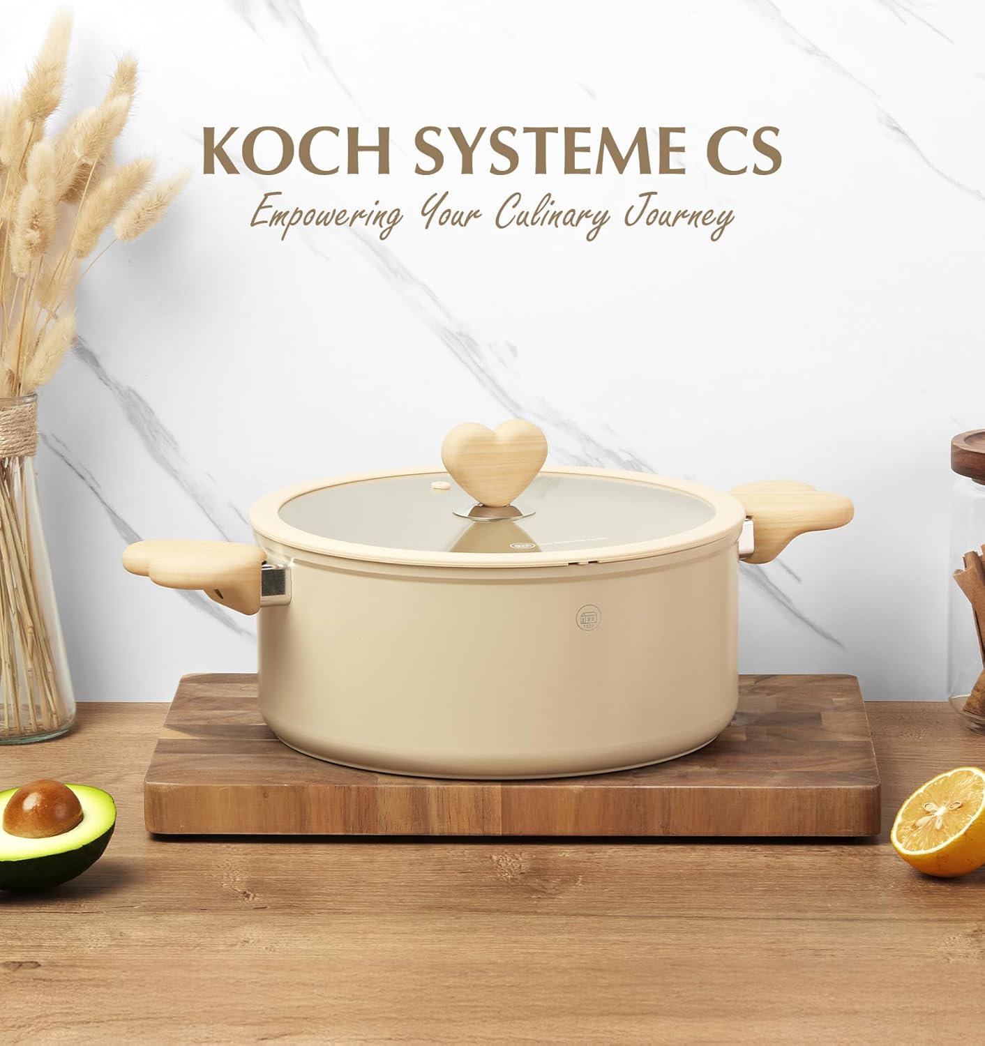 Stock Pot with Lid, 6 Quart Pot with Nonstick Cream Interior, Nonstick Soup Pots with Cool-Touch Heart-Shaped Handles, Stylish Cooking Pots with Lid, Induction Compatible, Cream Color