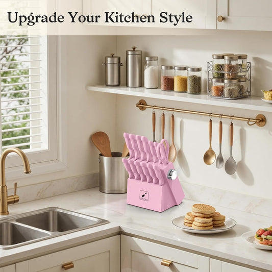 Knife Set Pink, 14pcs Knives Set For Kitchen, Japanese Kitchen Knife Sets With Block, Sashimi Knives For Fish/Meat Slicing, Apartment Essentials, Dishwasher Safe, Gifts For Women