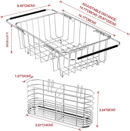 Dish Drainer Rack in Sink Adjustable, Expandable 304 Stainless Steel Metal Dish Drying Rack Organizer with Stainless Steel Utensil Holder Over Inside Sink Counter, Rustproof