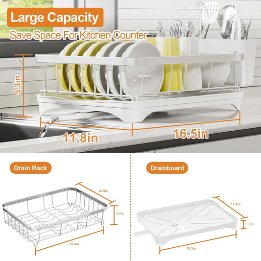 Stainless Steel Dish Drying Rack – 304 Grade Dish Racks for Kitchen Counter with Utensil Holder & Adjustable Spout, Space-Saving Organizer, 16.5" x 11.8" x 5.3" White