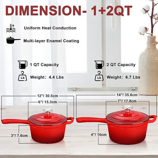 Enameled Cast Iron Sauce Pan, Leonyo 1 Qt & 2 Qt Saucepan Set, Cast Iron Dutch Oven Kitchen Small Pots for All Cooktops Cooking Pasta, Milk, Oatmeal - Up to 500°F & Nonstick, Red
