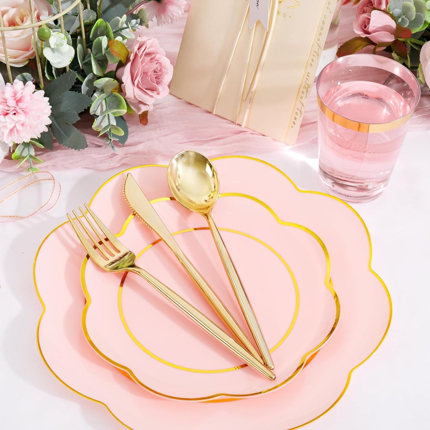 EI 180pcs Pink Plastic Plates with Gold Plastic Silverware,Heavy-Duty Disposable Plates for Party,White Dinnerware Set for 30 Guest Wedding,Birthday