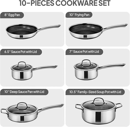 Bonnlo 11 Pieces Cookware Set, 3-Ply Stainless Steel Pots and Pans Set with Lids, Non-Toxic Kitchen Set, Oven & Dishwasher Safe, Induction Cooking Set, PFOA & PTFE Free (10 Nonstick Set)
