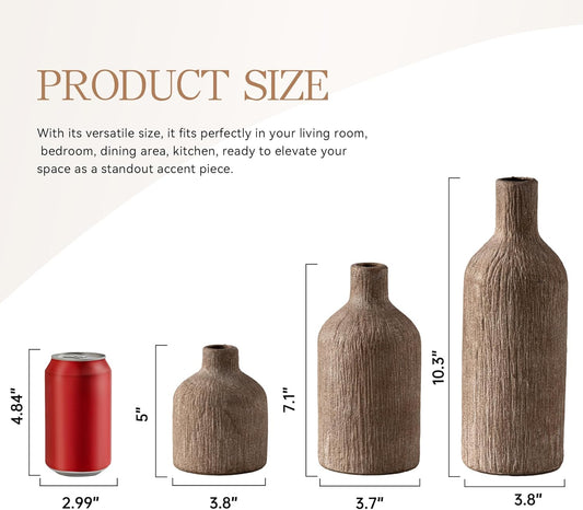 Ceramic Vase Home Table Decor - Brown Flower Vase Set of 3 Living Room Kitchen Decorations Farmhouse Modern Rustic Vases Decorative Centerpiece for Shelf Bedroom Office Bathroom Dining Coffee Desk