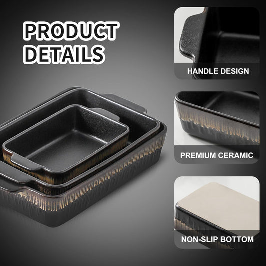 Bakeware Set, Ceramic Baking Dish, Rectangular Baking Pans Set, Casserole Dish for Cooking, Cake Dinner, Kitchen 9 x 13 Inches, 3-Piece, Stripe Series (Rough Black)