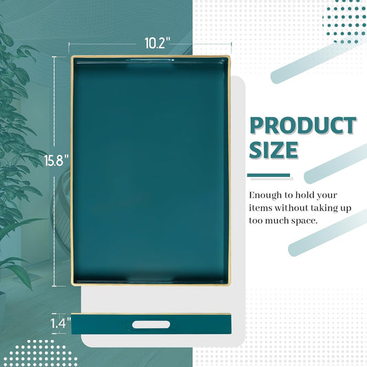 MAONAME Teal Serving Tray with Handles, Modern Decorative Tray for Coffee Table, Plastic Rectangular Trays for Ottoman, Bathroom, Decor, 15.8” x 10.2” x1.4