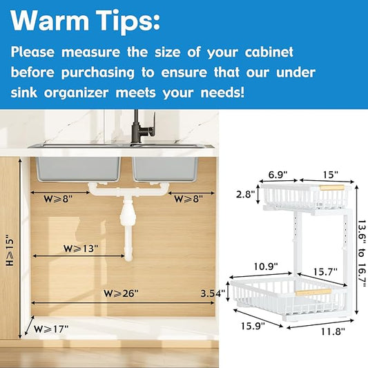 2Pcs Under Sink Organizer, Adjustable Under Sink Organizers and Storage, 2-Tier Pull Out Under Kitchen Sink Organizer, Sliding Out Metal Under Bathroom Sink Organizer for Kitchen Pantry White