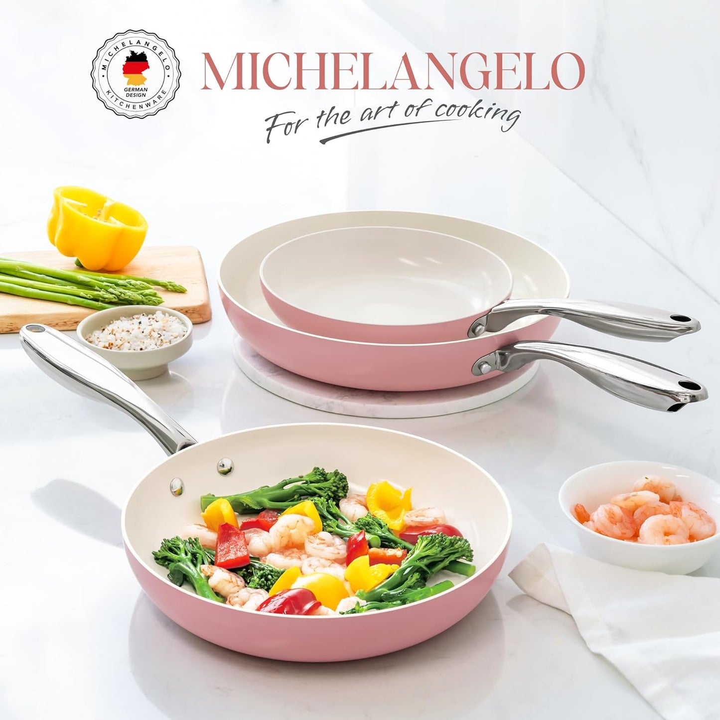 MICHELANGELO Non Stick Frying Pans Set - Ceramic Frying Pans Nonstick, 8'', 9.5'' & 11'' Nonstick Frying Pan Set, Non-Toxic, Ceramic-Coated, Pink