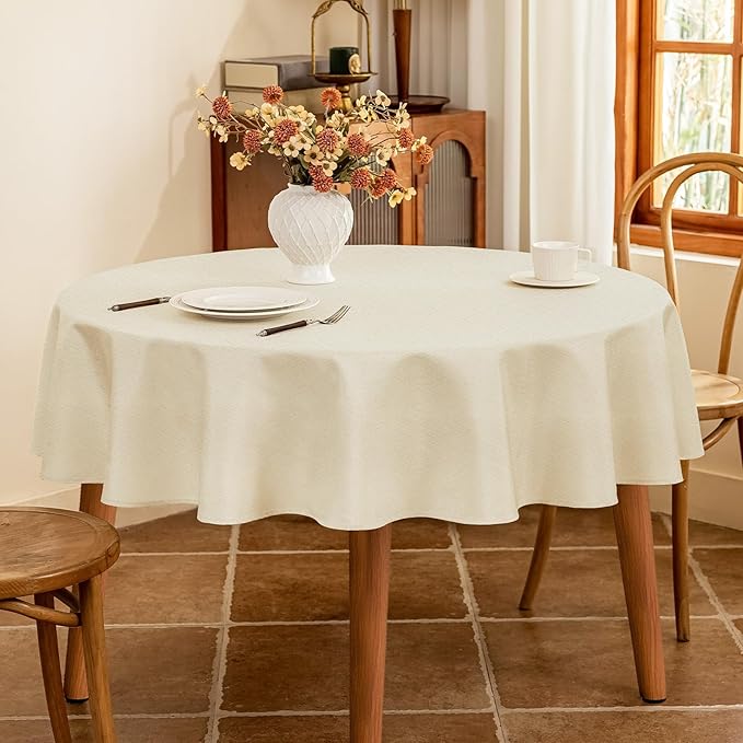 Fabric 60 Inch Round Table Cloth, Faux Linen Textured Water Resistant & Wipeable Circle Tablecloth, Anti-Scratch for Dinning Kitchen Party, Beige
