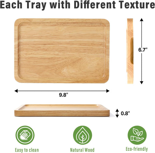 Rectangular Wooden Serving Tray, 9.8" x 6.7" with Side Handles, Natural Solid Wood Platter for Bread, Fruits, Snacks & Dessert, Modern Rustic Easy-to-Carry Tray for Home & Kitchen Use