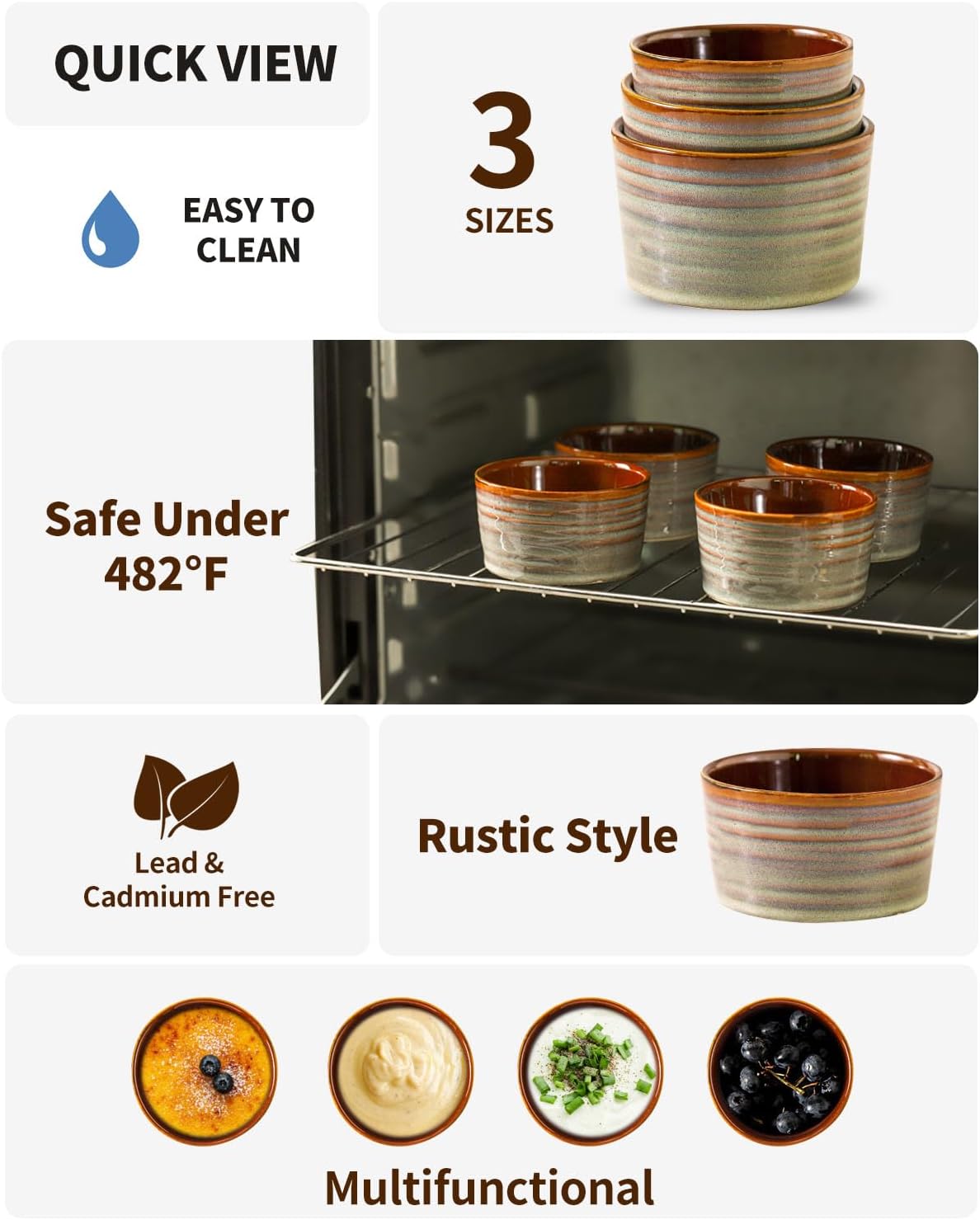 Hasense Ramekins Oven Safe, Ceramic Creme Brulee Dish for Baking Set of 6, 4 Ounce Dipping Sauce Bowls for Pudding, Souffle,Serving Dip,Custard,Ice Cream, Light Grey