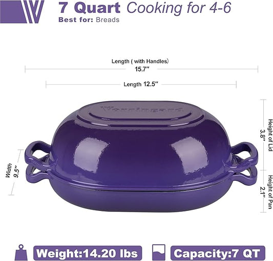 Enameled Cast Iron Sourdough Bread Oven, Dutch Oven, Loaf Cast Iron Bread Pan for Homemade Bread Baking, Meatloaf Pan with Lid, 7QT, Purple