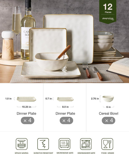 Famiware Dinnerware Sets for 4, Ocean Square 12-Piece Kitchen Plates and Bowls Sets, Microwave and Dishwasher Safe, Scratch Resistant, Vanilla White