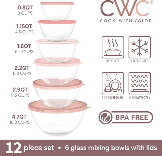 COOK WITH COLOR 12 Pc Glass Mixing Bowl Set with Lids – Borosilicate Glass Nesting Bowls for Cooking, Baking and Meal Prep, Pink