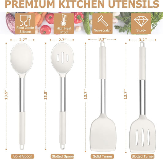 TeamFar Kitchen Utensils, 4 PCS Silicone Cooking Utensils with Stainless Steel Handle, for Nonstick Cookware Frying/Flipping/Draining, Non-toxic & Heat-proof, Non-scratch & Dishwasher Safe