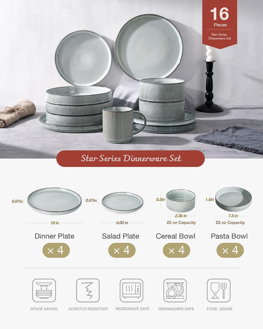 Famiware Star Dinnerware Set with Pasta Bowls, Service for 4 (16pcs), Ribbed Stoneware Plates and Bowls Dishes Sets - Chip & Scratch Resistant, Microwave & Dishwasher Safe, Smoky Blue
