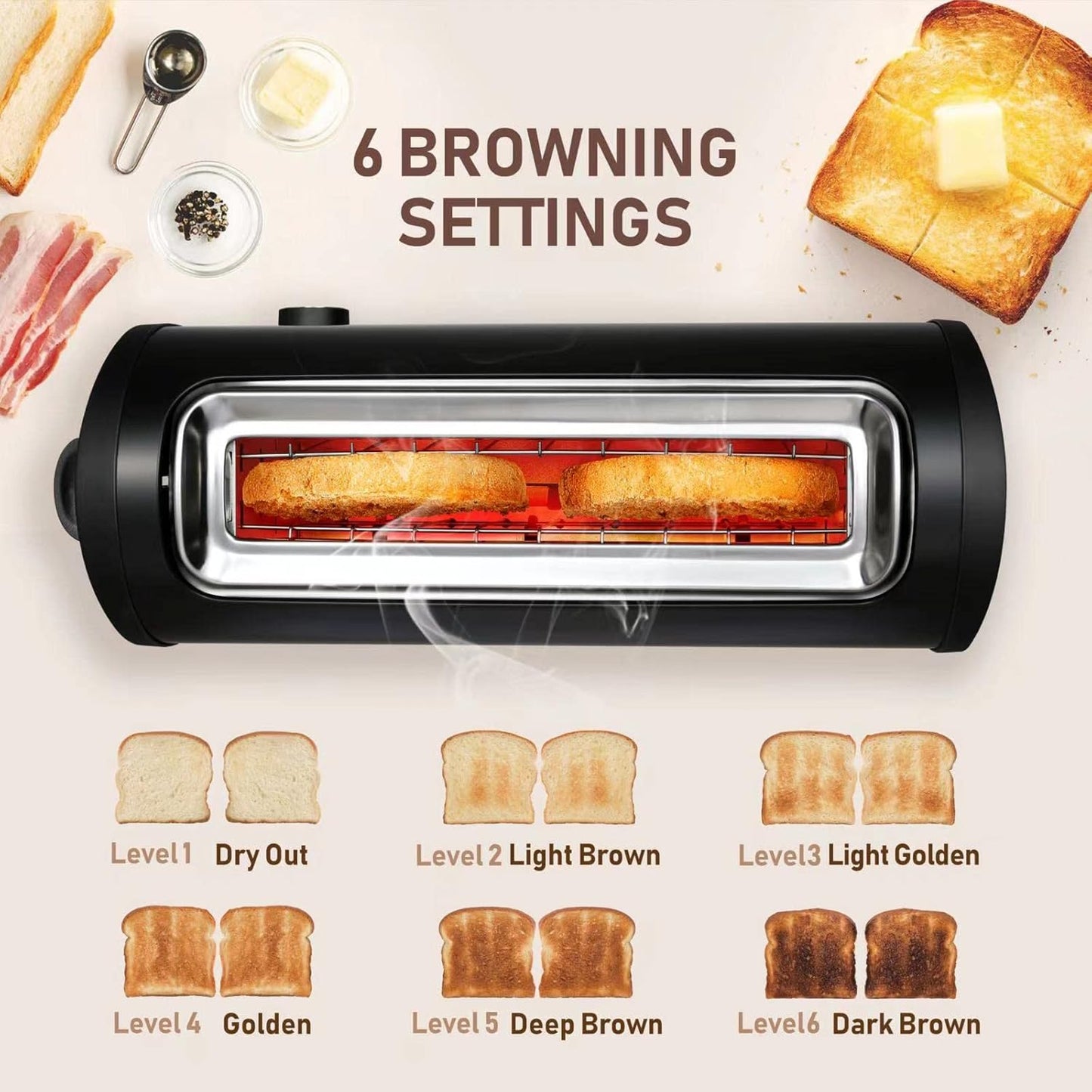 Long Slot Toaster with Cover, 2 Slice 1.65'' Extra Wide Slot Stainless Steel Toasters with Reheat Defrost Cancel Functions,6 Shade Settings, Single Slim Bread Toaster,Removable Crumb Tray,Matte Black