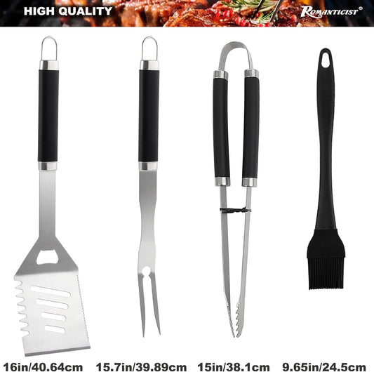 ROMANTICIST 20pcs Heavy Duty BBQ Grill Tool Set in Case - The Very Best Grill Gift for Father's Day and Christmas - Professional BBQ Accessories Set for Outdoor Cooking Camping Grilling Smoking, Black