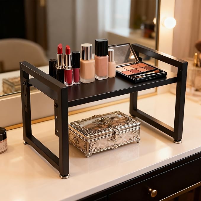 Expandable Adjustable Stackable Kitchen Organizer, Spice Rack, Cabinet Shelf for Space-Saving, Counter Shelf for Cabinets, Countertop, Cupboard, Wood and Heavy Duty Metal, Home kitchen Storage Rack