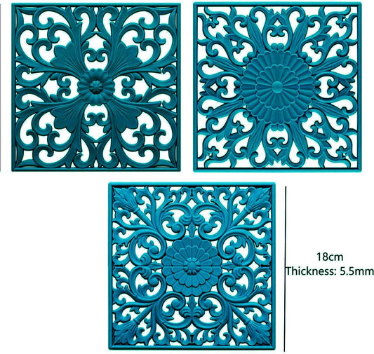 Silicone Trivets for Hot Dishes-Pots&Pans, Square Multi-Use Carved Trivet, Insulated Silicone Mats, Flexible Trivet Mat for Countertop & Tabletop, Pot Holders Hot Pads Set 3 Teal