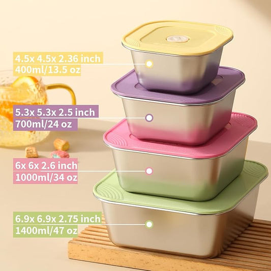 4-Piece Stainless Steel Snack & Lunch Containers with Lids Set, Stackable Metal Food Storage Containers with Lids, Airtight Leakproof Lunch Bento Box, Dishwasher Safe (Size 4.5", 5.5", 6.3", 7")