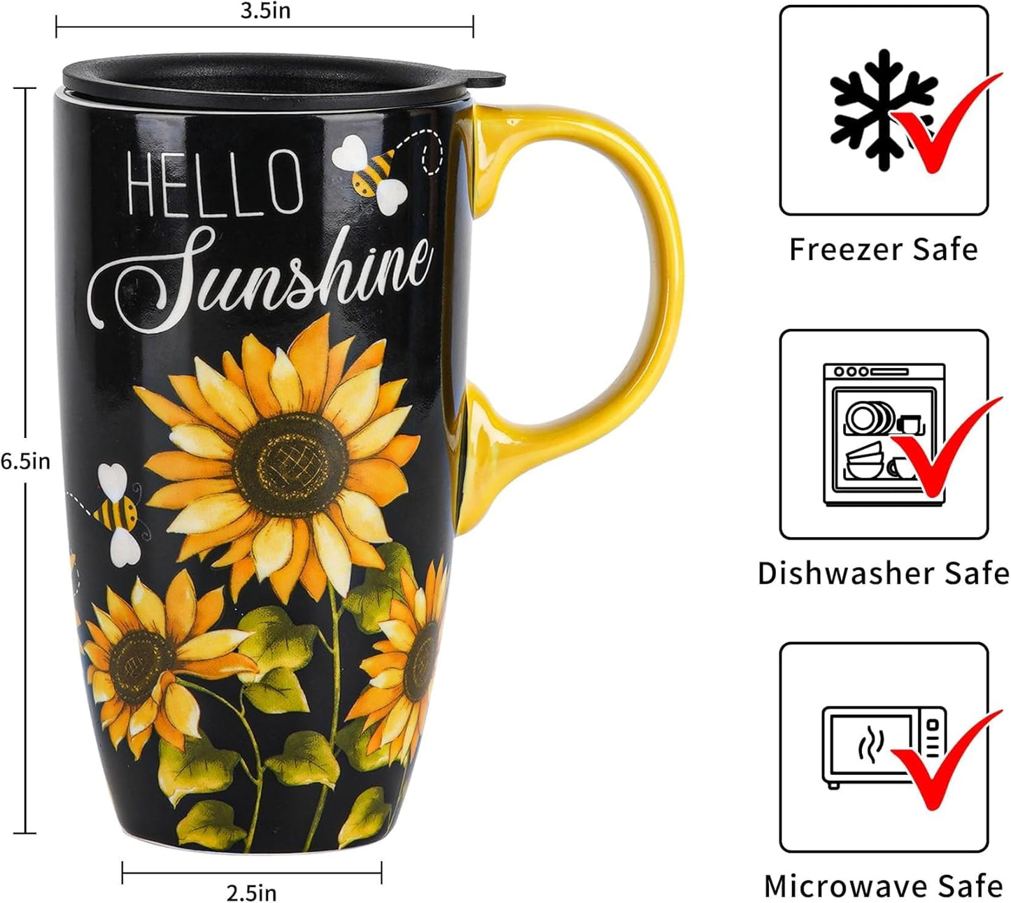 Topadorn 17oz Ceramic Travel Mug with Handle and Splash-Resistant Slider Lid, Suitable for Coffee and Tea, Microwave & Dishwasher Safe, Sunflower