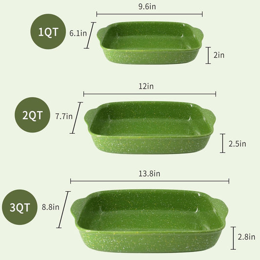 Ceramic Baking Dishes for Oven,Heavy Duty Bakeware Dish Set of 3, Rectangular Casserole,Lasagna Pan Deep,High Heat Resistant,Glazed Handcraft Speckle Series (13.8''/12''/9.6''Green)