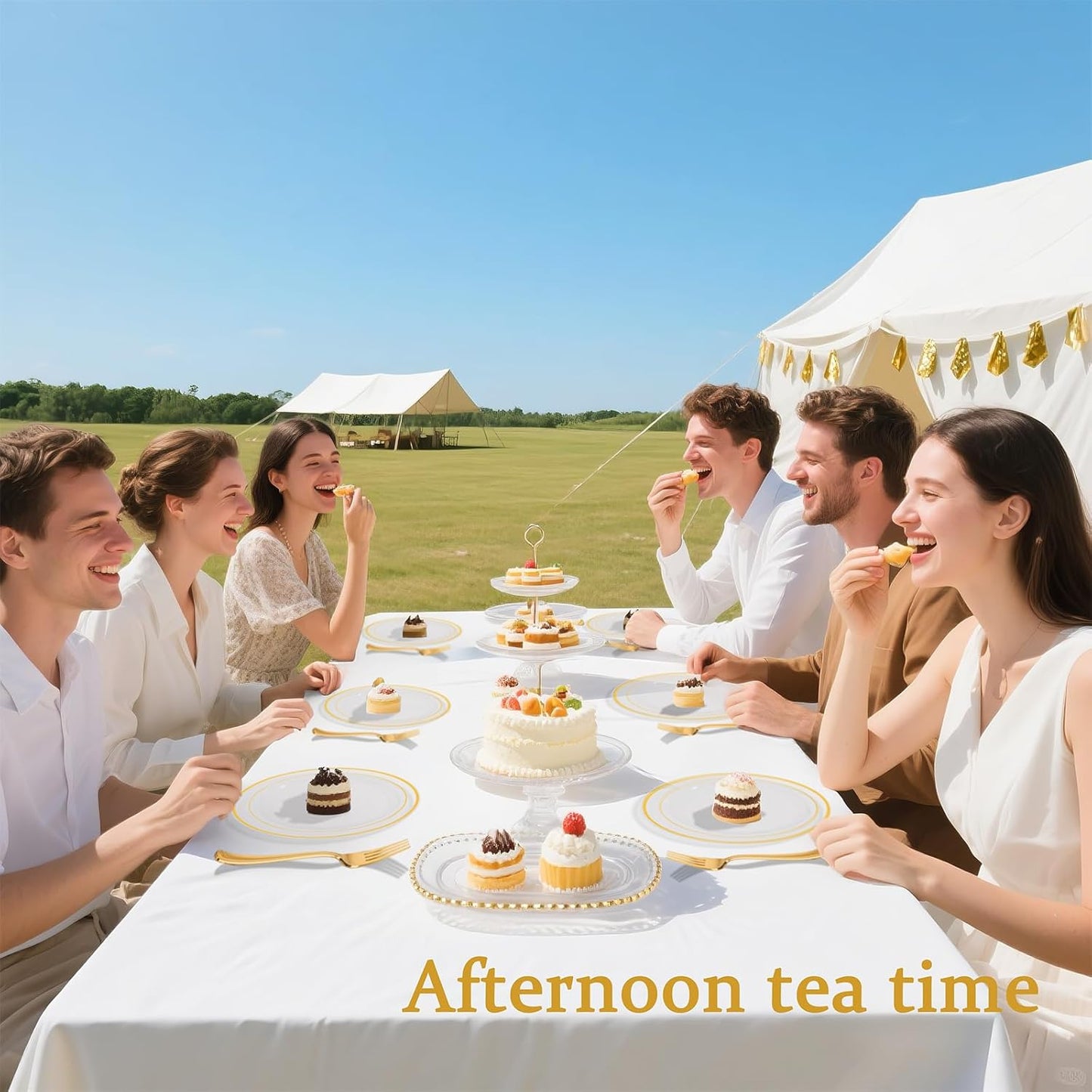 I00000 72 Pcs Clear Plastic Dessert Plates 7.5" & 72 Pcs Gold Disposable Forks 7.4", Clear Small Plates, Fancy Salad Plate,Gold Cake Plate for Party, Occasions, Wedding