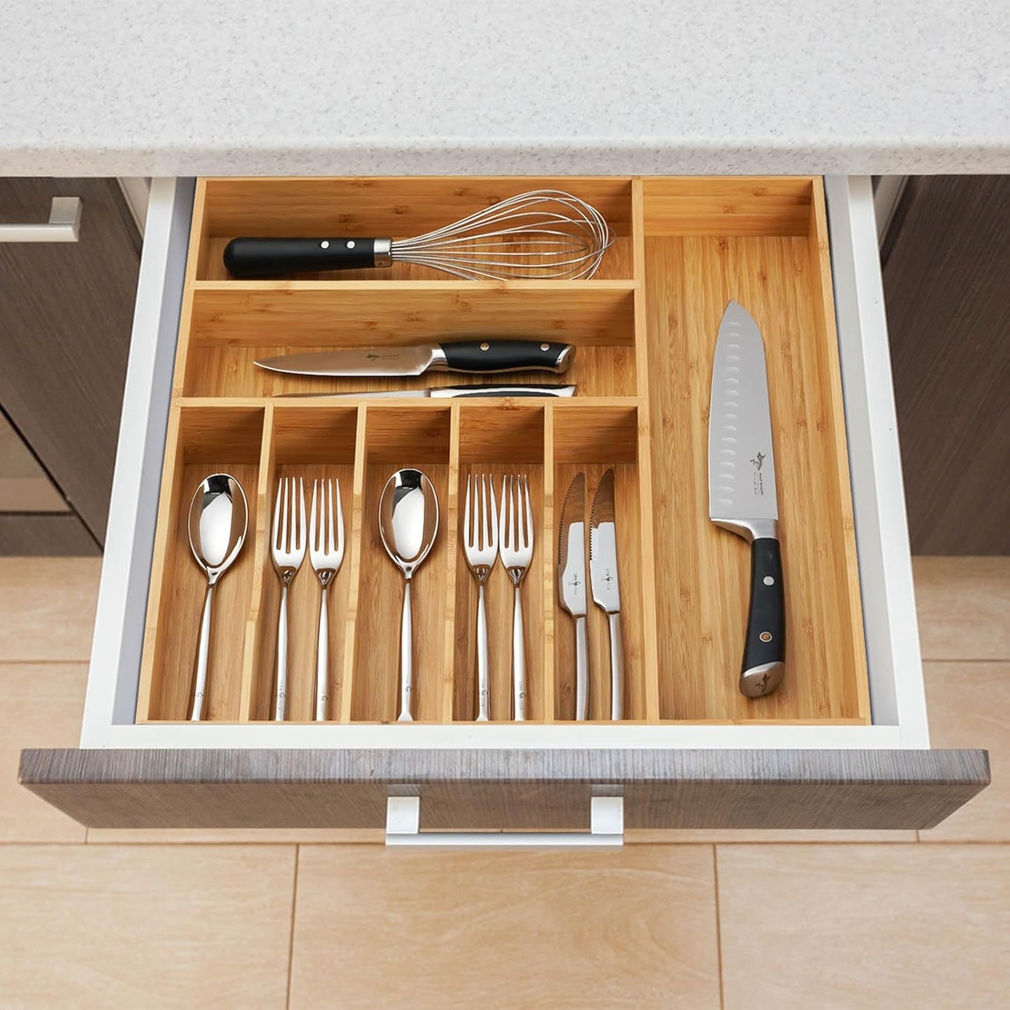 Umilife Large Kitchen Drawer Organizer, 19"x20" Silverware Utensils Organizer, 2.5" High for Large Deep Drawers, Bamboo Flatware Holder with Thick Frames, Sturdy Kitchen Organization Tray