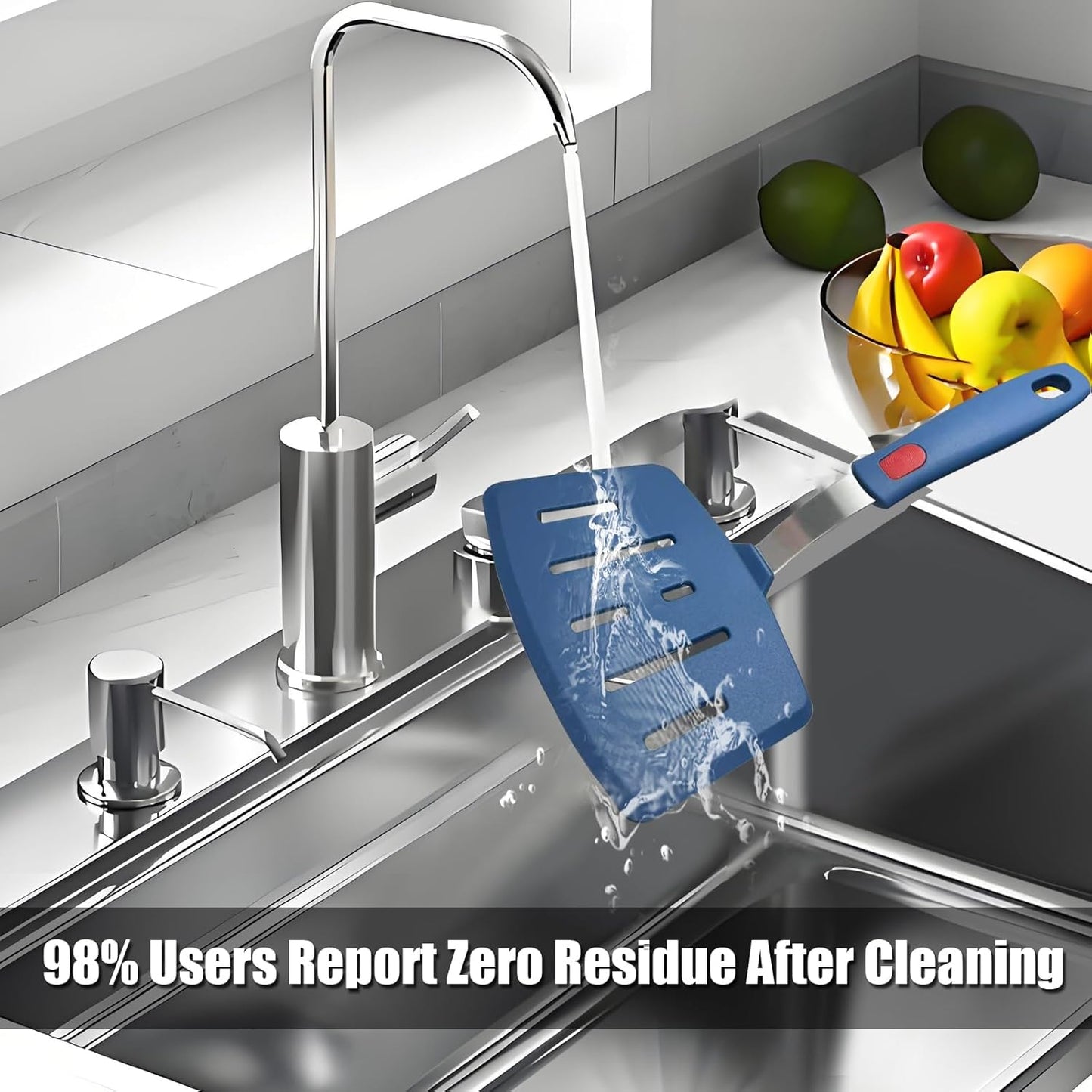 Silicone Spatula Turner, High Heat Resistant Rubber Baking Spatula, Non-Stick Slotted Wide Fish Slice Spatulas for Cooking, Large Kitchen Utensil for Pancake Omelette Egg - Hazy Blue