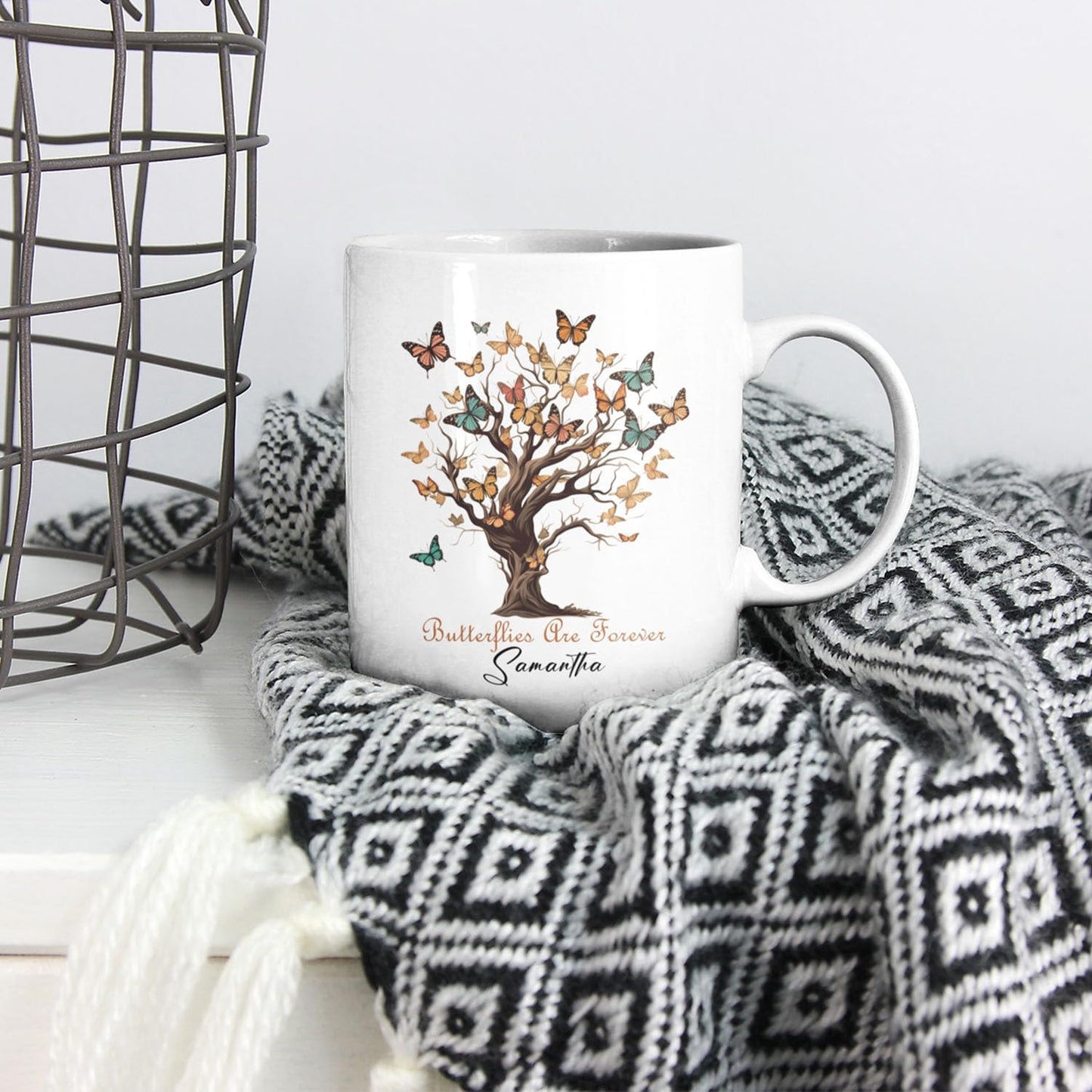 Personalized Name On Butterflies Are Forever Travel Cups, Custom Unique Butterfly Ceramic Tea Mugs, Customized Meaningful Animal Coffee Cups For Friends On Occasions 11oz 15oz