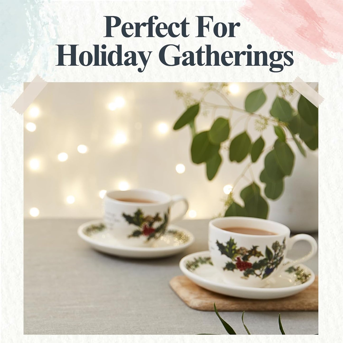 Portmeirion Holly and Ivy 7 oz Holiday Teacup and Saucer Set (Set of 6) - Earthenware Holly Motif, Festive Tableware for Christmas Tea Parties, Elegant Seasonal Gifts - Dishwasher & Microwave Safe
