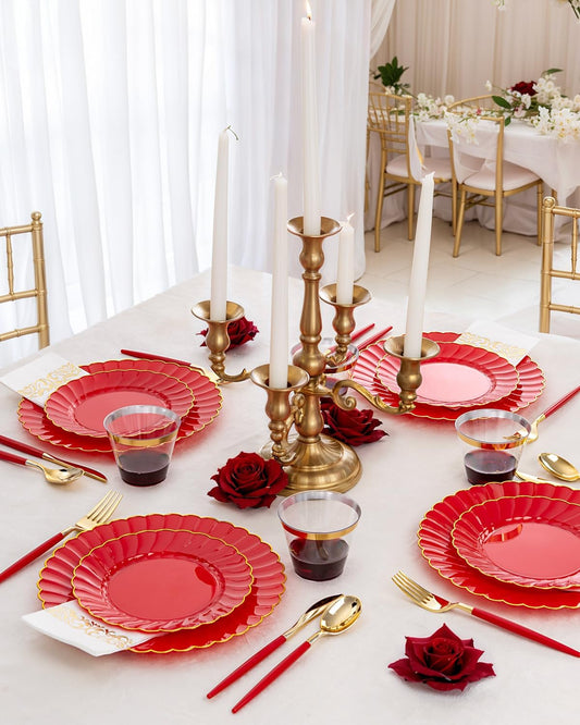 Ciaell 175 PCS Red Scalloped Plastic Plates with Gold Trim - Red Plastic Silverware with Handle - Fancy High-End Dinnerware Sets for Wedding & Showers & Party & Christmas (25 Guests)