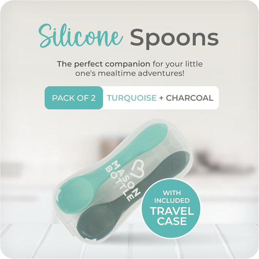 Mason Bottle Silicone Baby Spoons (2-Pack) – BPA-Free Feeding Utensils for Babies 6–12 Months – Puree Spoons with Case, Non-Toxic, Dishwasher Safe (Teal & Grey)