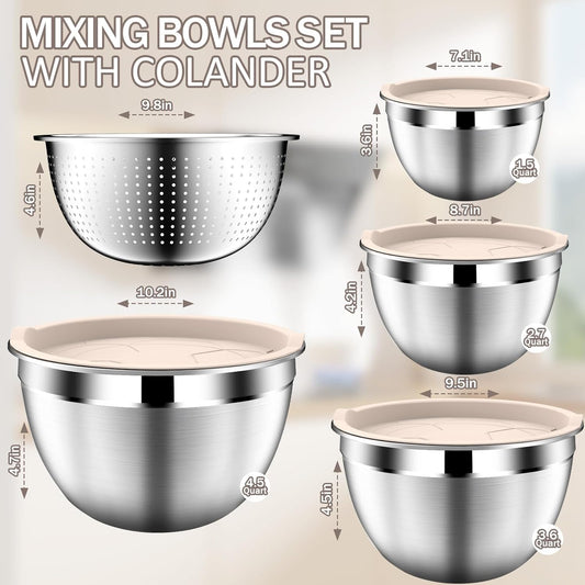 Stainles Steel Mixing Bowls with Lids Set, Stackable Metal Mixing Bowl with Strainer, 5-Piece - Beige