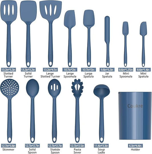Coukre Silicone Kitchen Cooking Utensils Set with Holder – Heat-Resistant, Food-Grade Kitchen Tools, Spatula, Spoon & Gadgets for Non-Stick Pans, Dishwasher Safe (14, PureDarkBlue)